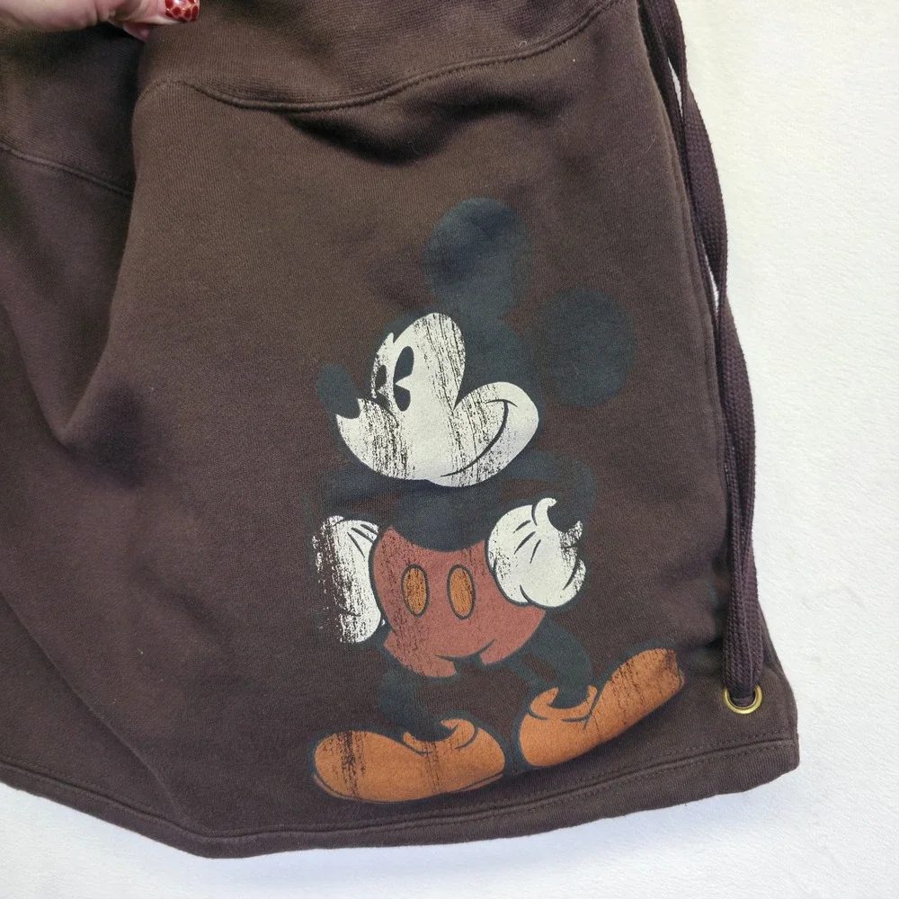 Mickey Mouse Drawstring Backpack Brown Walt‎ Disney Fleece Lined Cartoon Vintage